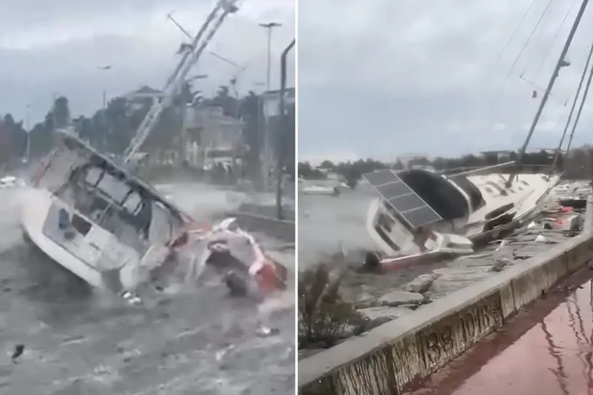 İstanbul’da Şiddetli Lodos ve Dev Dalgalar Tekneleri Savurdu