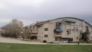 Fırtına sonrası yıkılan bir çatı ve devrilen ağaçlar