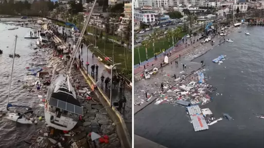 Sahil bölgesinde fırtına sonrası teknelerin zarar görmüş hali