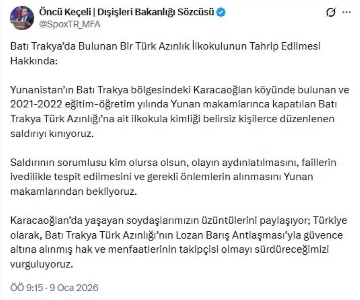 Türkiye Dışişleri, Yunanistan'daki Türk Okuluna Yönelik Saldırıyı Kınadı