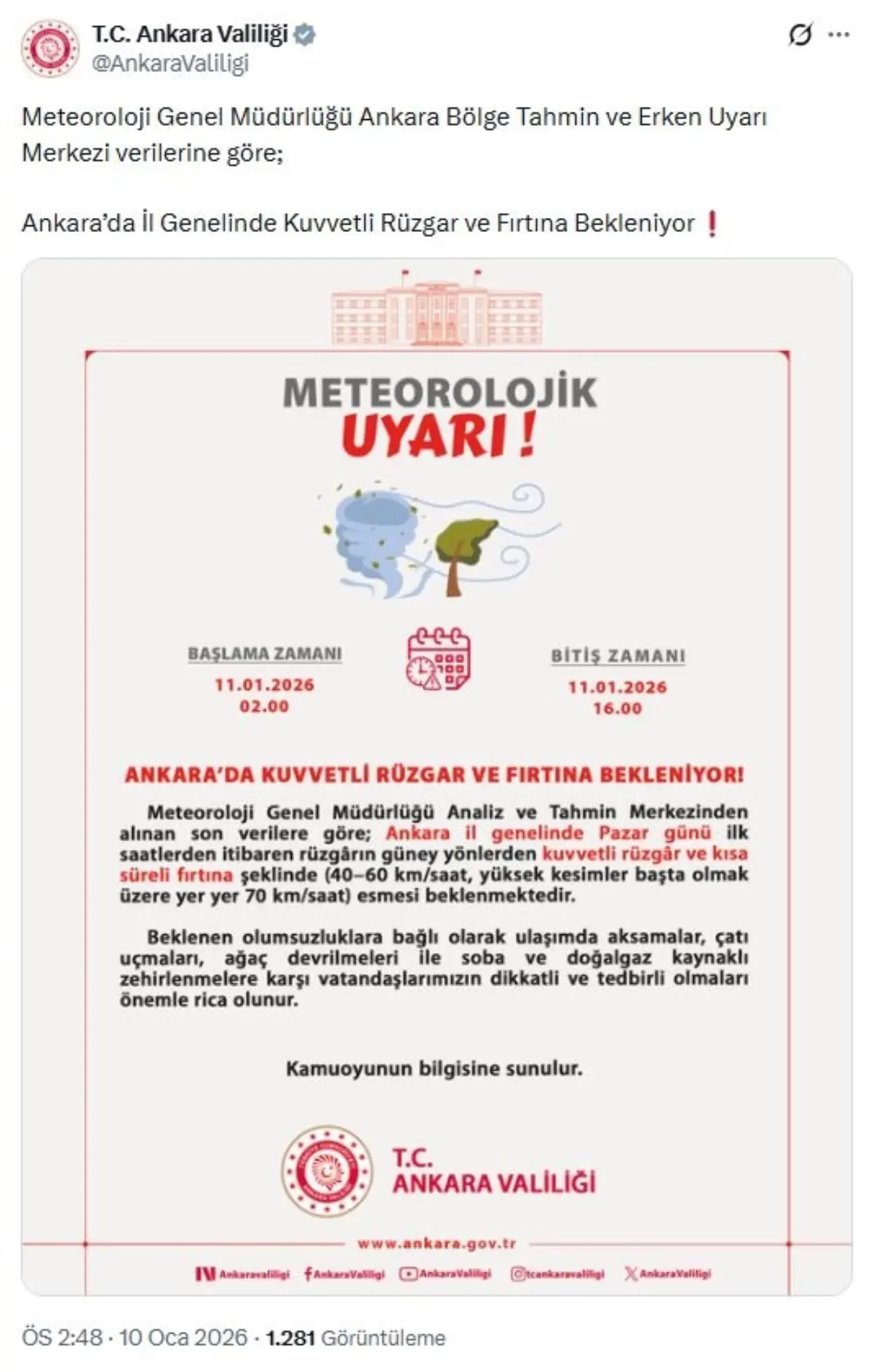 Ankara’da 70 km/s’yi Aşan Rüzgar ve Fırtına Uyarısı