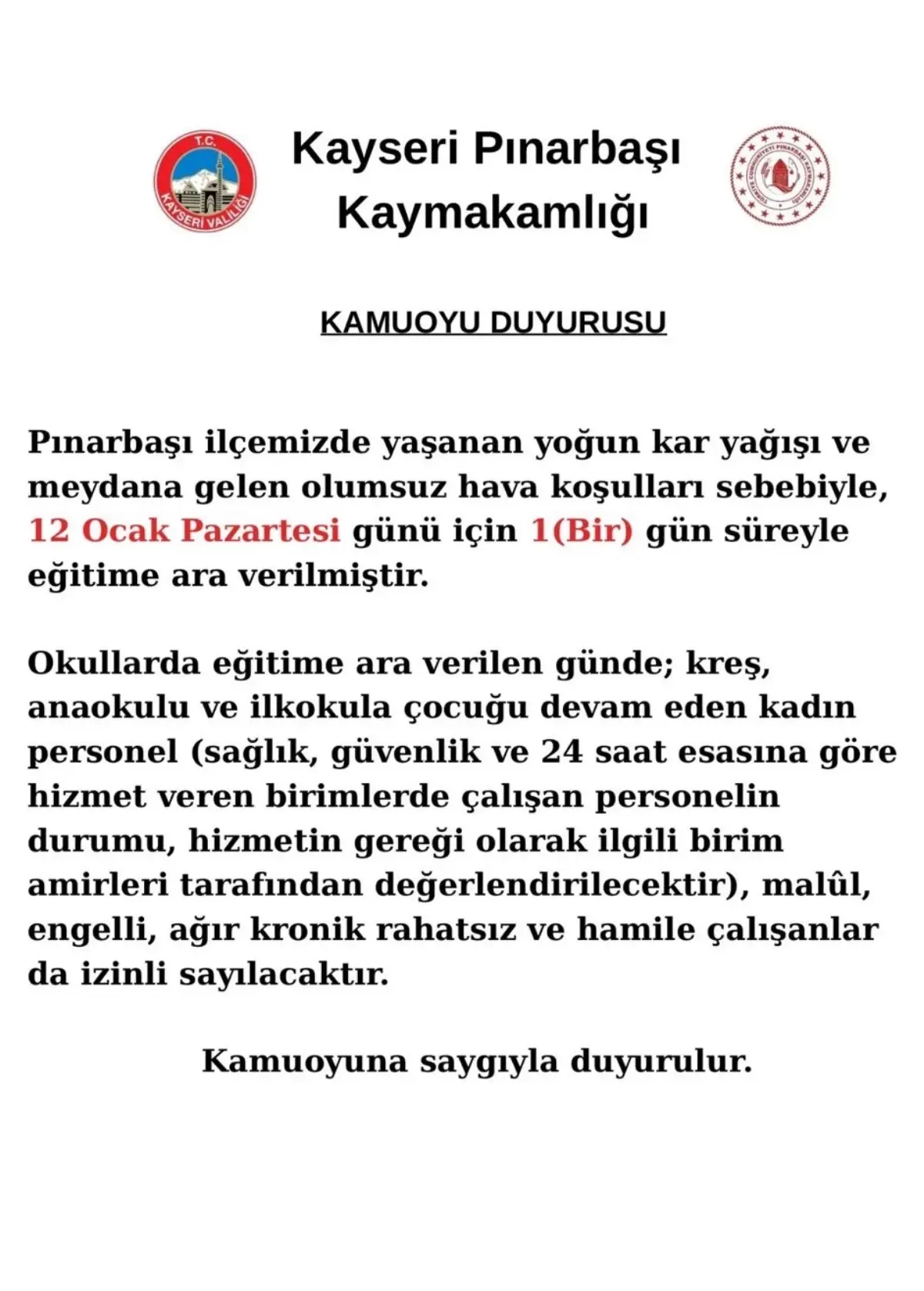 Kayseri'de Yoğun Kar Yağışı Okulları 1 Gün Tatil Ettirdi