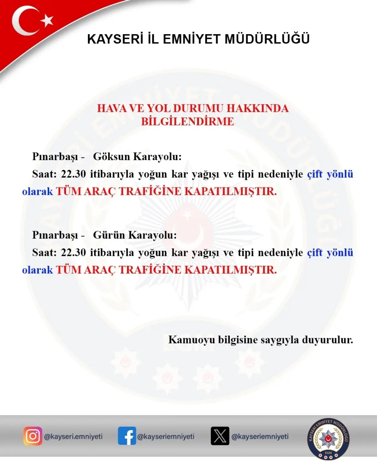 Kayseri‑Kahramanmaraş Karayolu Yoğun Kar Nedeniyle Gece Yarısı Trafiğe Kapatıldı