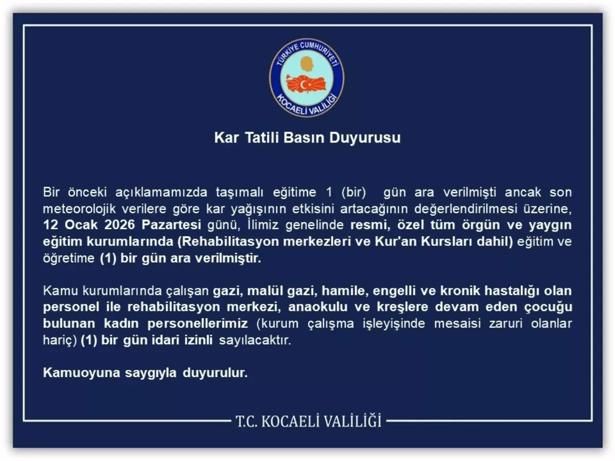 Kocaeli'de Kar Yağışı Nedeniyle Okullara 1 Günlük Tatil