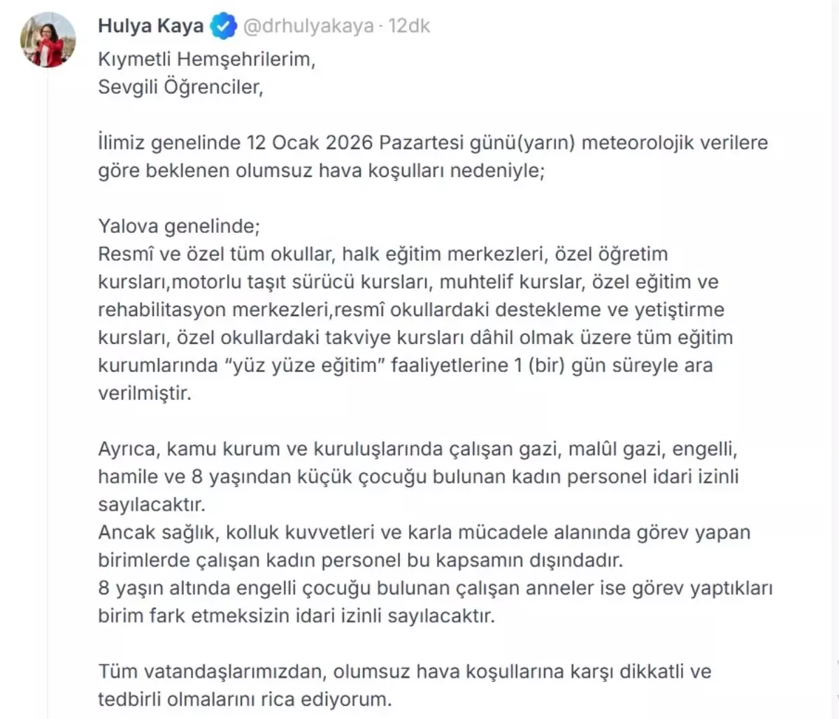 Yalova’da Olumsuz Hava Koşulları Nedeniyle Eğitim 1 Gün Ara Verildi