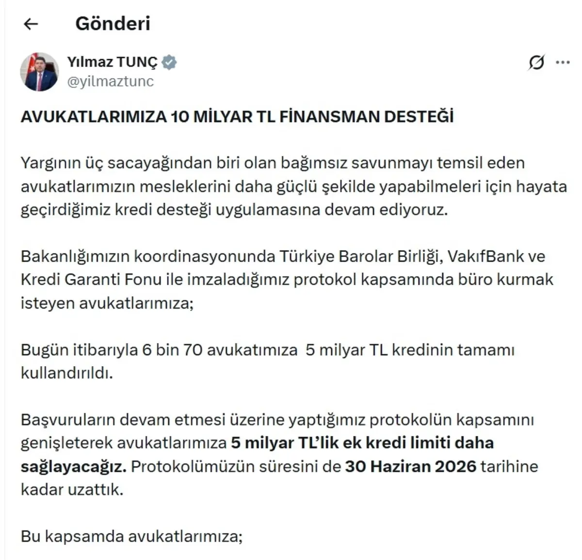 Adalet Bakanı, Avukatlara 5 Milyar TL Ek Kredi Desteği Açıklaması