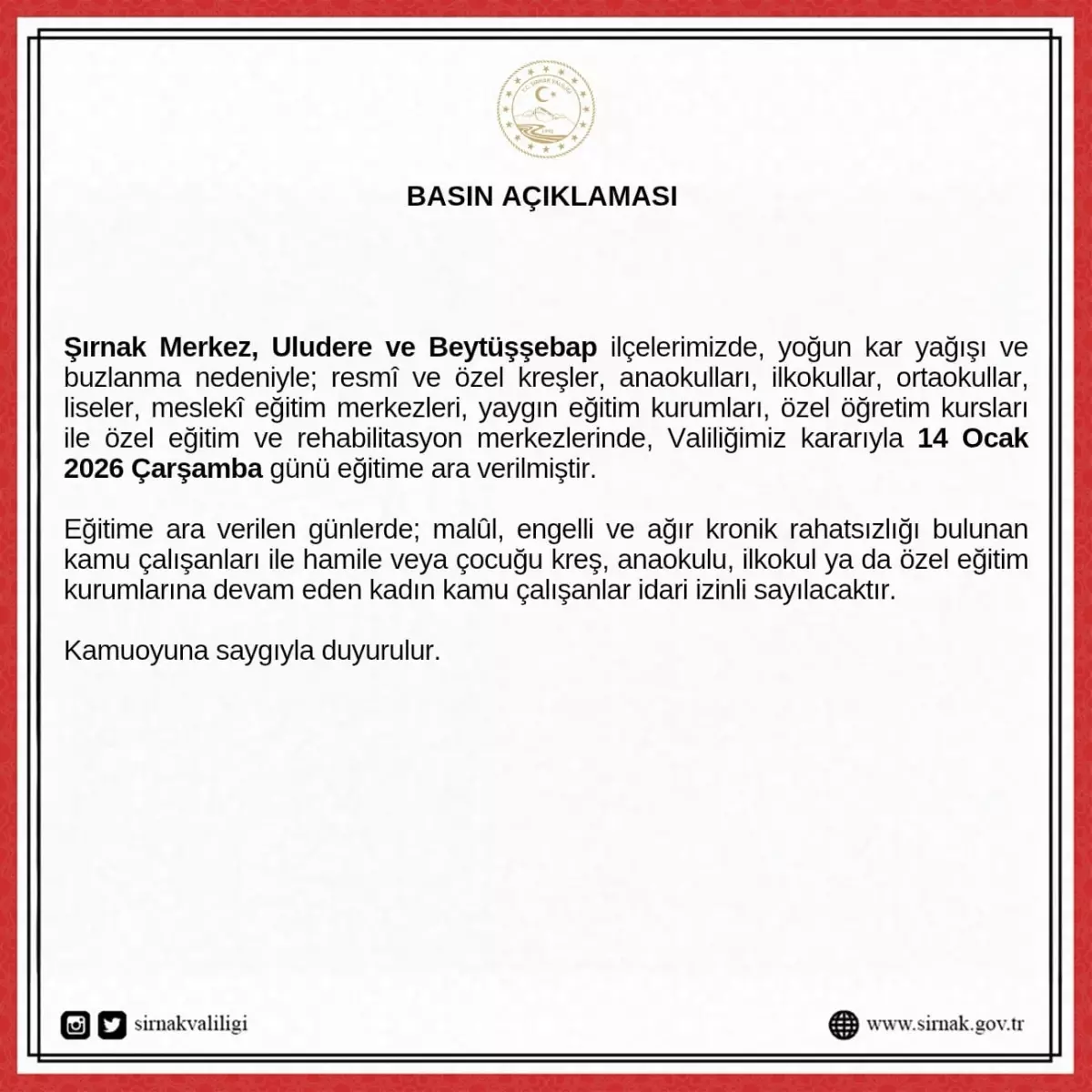 Şırnak ve İlçelerinde Kar Nedeniyle Eğitim Bir Gün Ertelendi