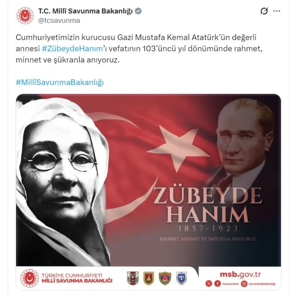 MSB, Atatürk'ün Annesi Zübeyde Hanım'ı 103. Yıl Dönümünde Anımsadı