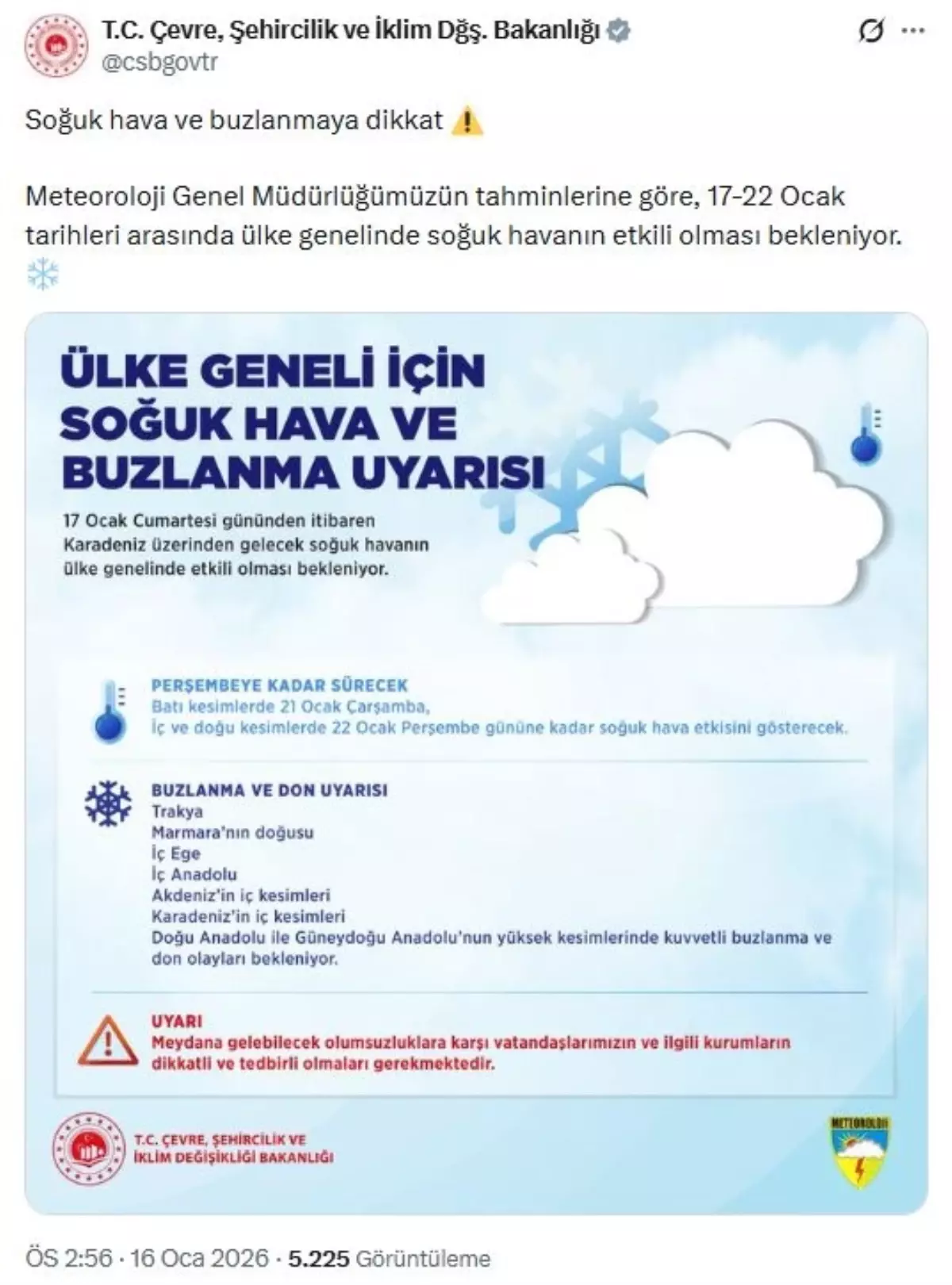 Bakanlık’tan Soğuk Hava ve Buzlanma Uyarısı: Vatandaşlar Dikkat!