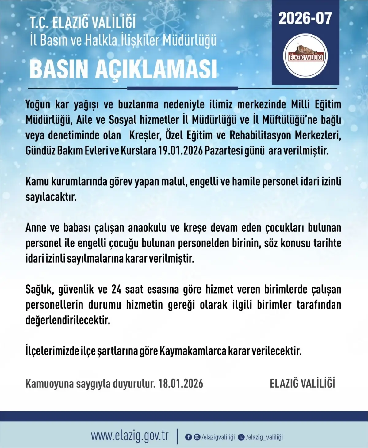 Elazığ’da Kar Yağışı Okulları 1 Gün Kapattı