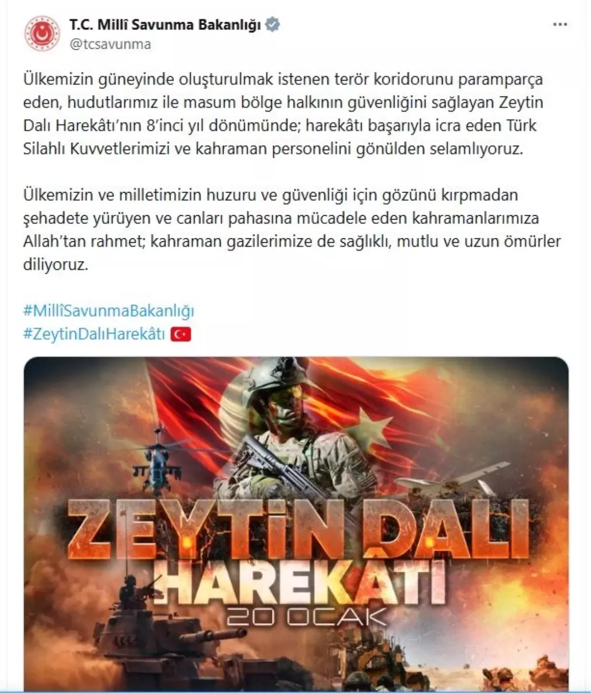 Milli Savunma Bakanlığı'ndan Zeytin Dalı Harekatı 8. Yıl Dönümü Anlamlı Kutlaması