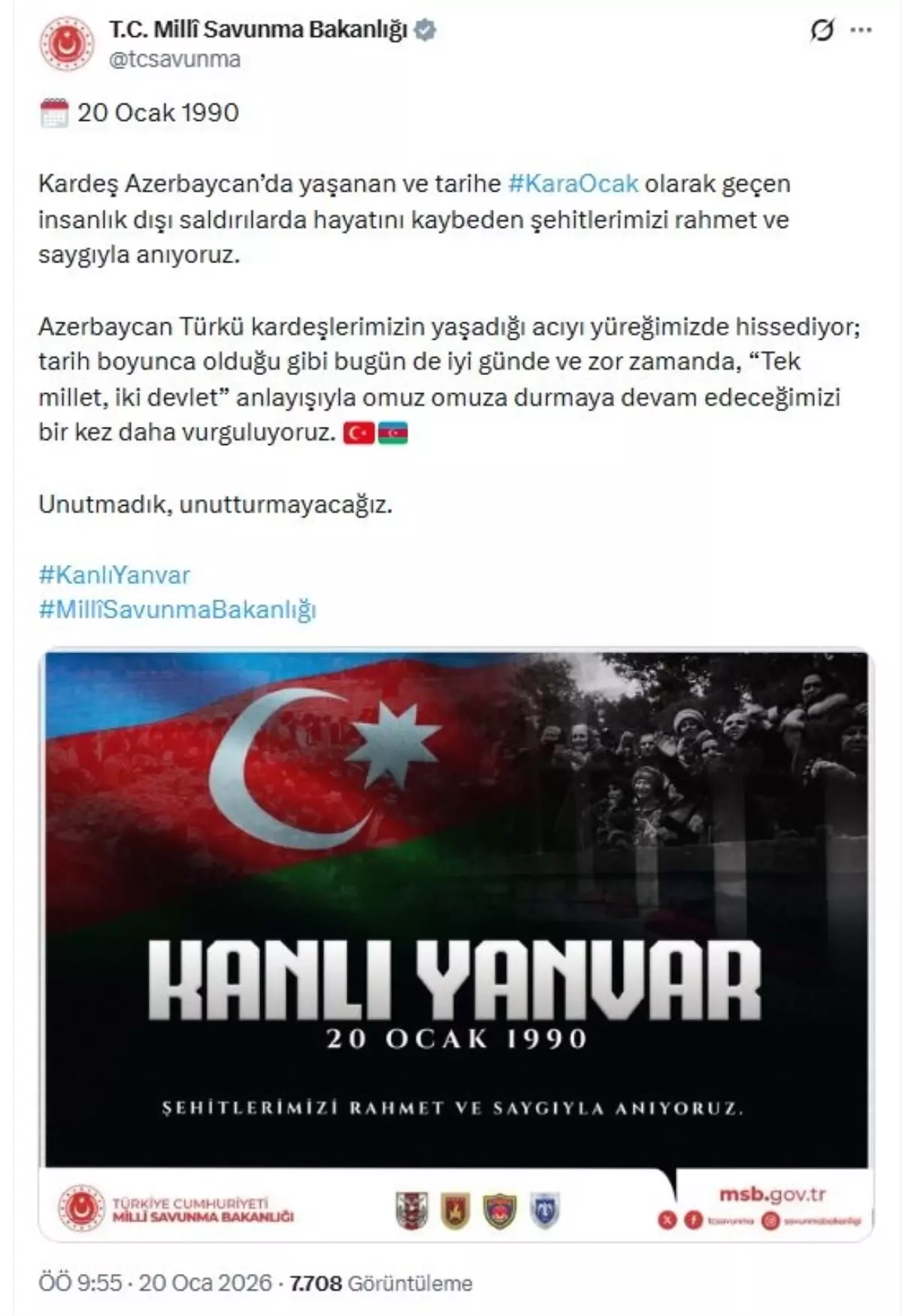 Milli Savunma Bakanlığı, Kara Ocak Şehitlerini Saygıyla Anıyor