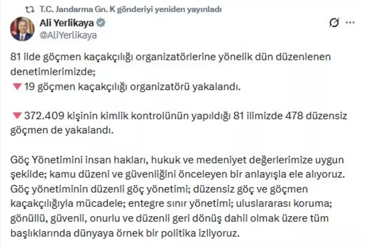 İçişleri Bakanı Yerlikaya'dan 81 İl İçinde Göçmen Denetim Sonuçları: 19 Organizatör ve 478 Düzensiz Göçmen Tutuklandı