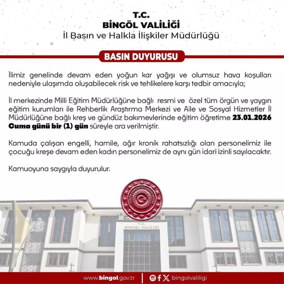 Bingöl'de Şiddetli Kar Yağışı Okulları Durdurdu