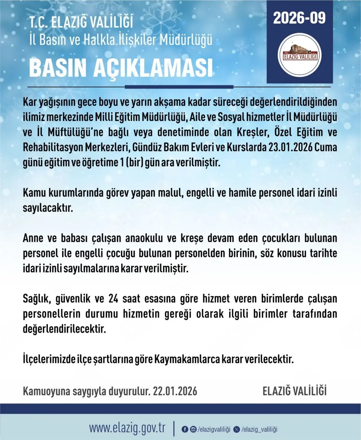 Elazığ’da Şiddetli Kar Yağışı Eğitim Kurumlarını 1 Gün Kapattı