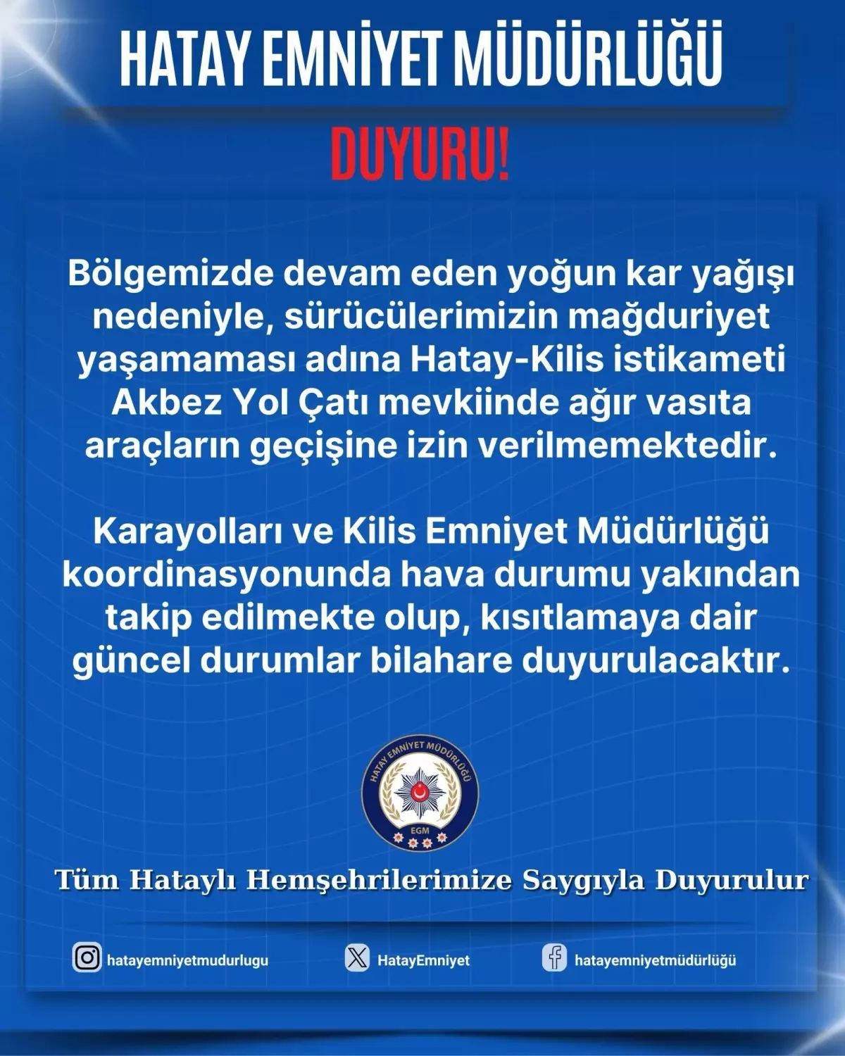 Hatay’da Serinyol‑Madenli Kara Yolu Buzlanma Nedeniyle Geçici Kapatıldı