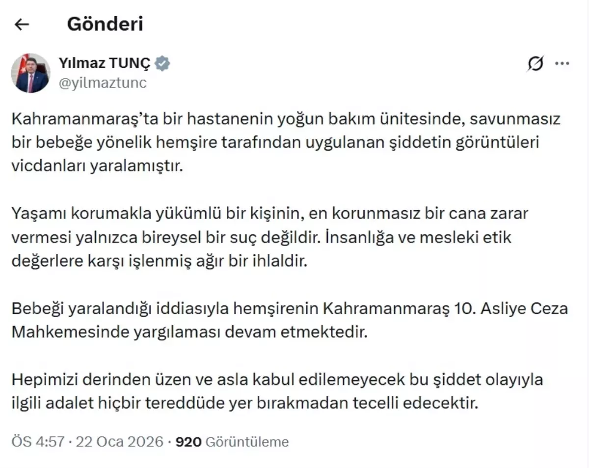 Bakan Tunç, Kahramanmaraş'ta Bebeğe Yönelik Şiddeti İnsanlık Suçu Olarak Nitelendirdi