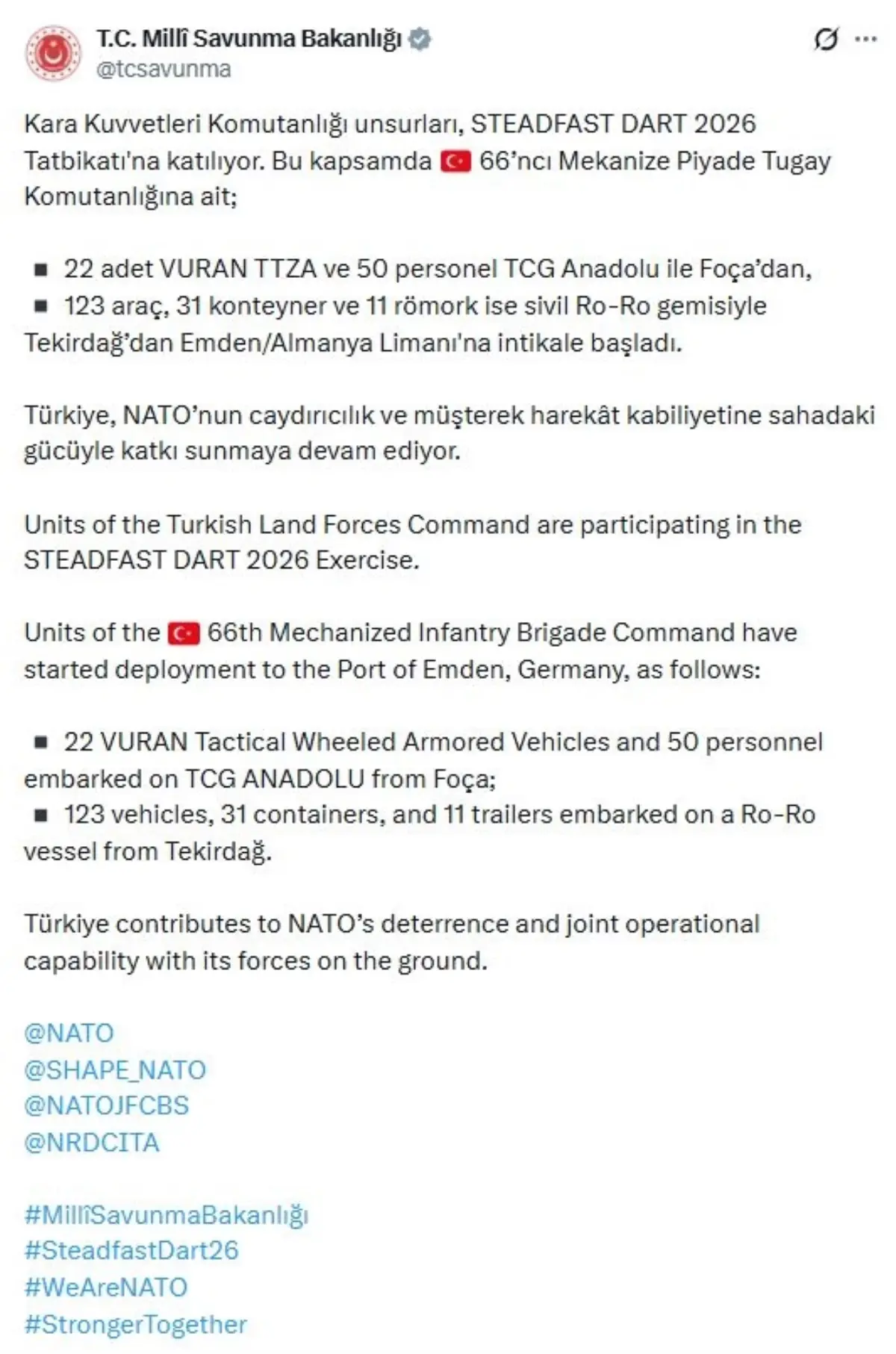 Türkiye, NATO Steadfast Dart 2026 Tatbikatı İçin Almanya'ya 50 Personel ve Zırhlı Araç Gönderdi