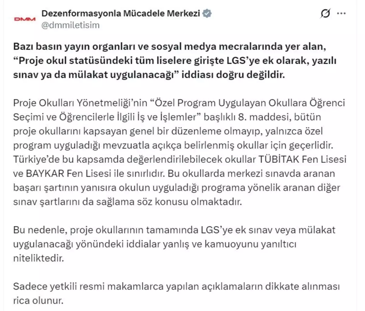 Dezenformasyonla Mücadele Merkezi, Proje Okullarındaki LGS Ek Sınavı ve Mülakat İddialarını Çürüttü
