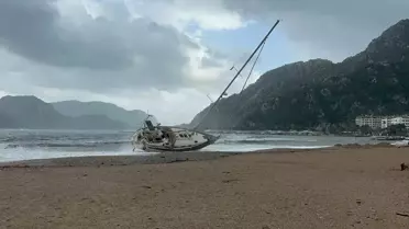 Marmaris’te Şiddetli Fırtına Ağaçları Yere Döktü, Yelkenli Tekne Kıyıya Çarptı