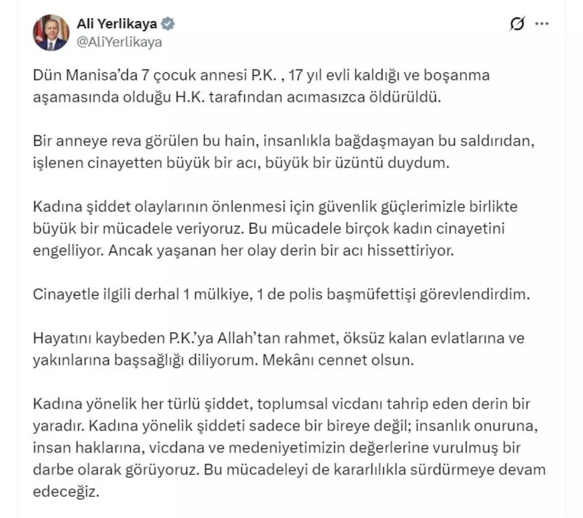 İçişleri Bakanı Yerlikaya'dan Manisa'daki Kadına Şiddet Olayına Duyuru