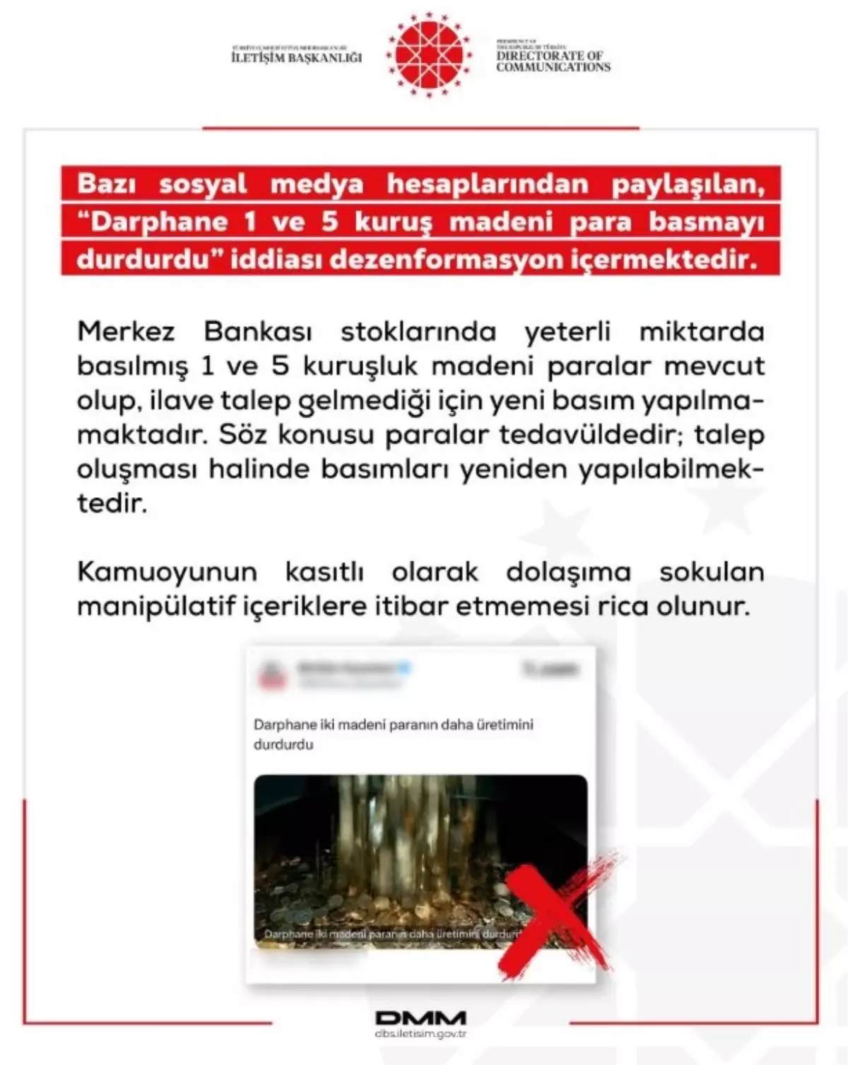 DMM, Darphane’nin 1 ve 5 Kuruş Üretim Durdurma İddiasını Yalanladı