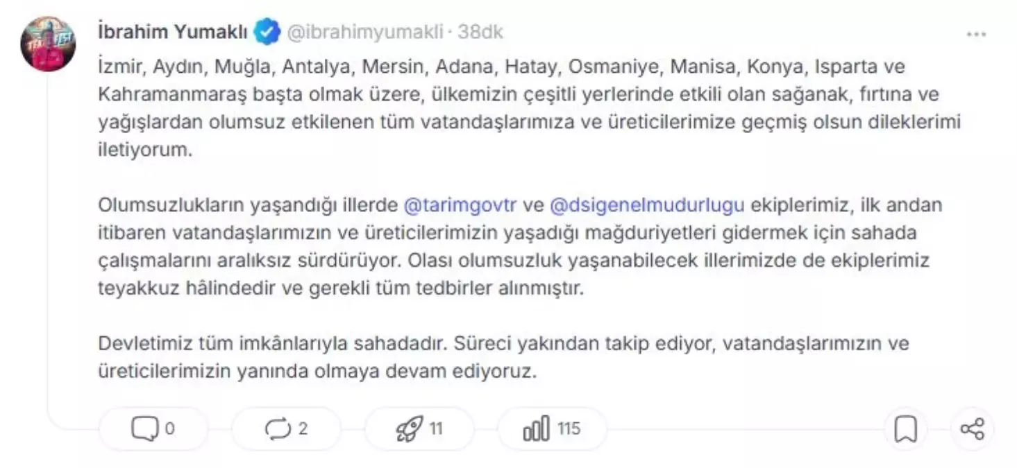 Bakan Yumaklı'dan Fırtına Durumu Hakkında Bilgilendirme